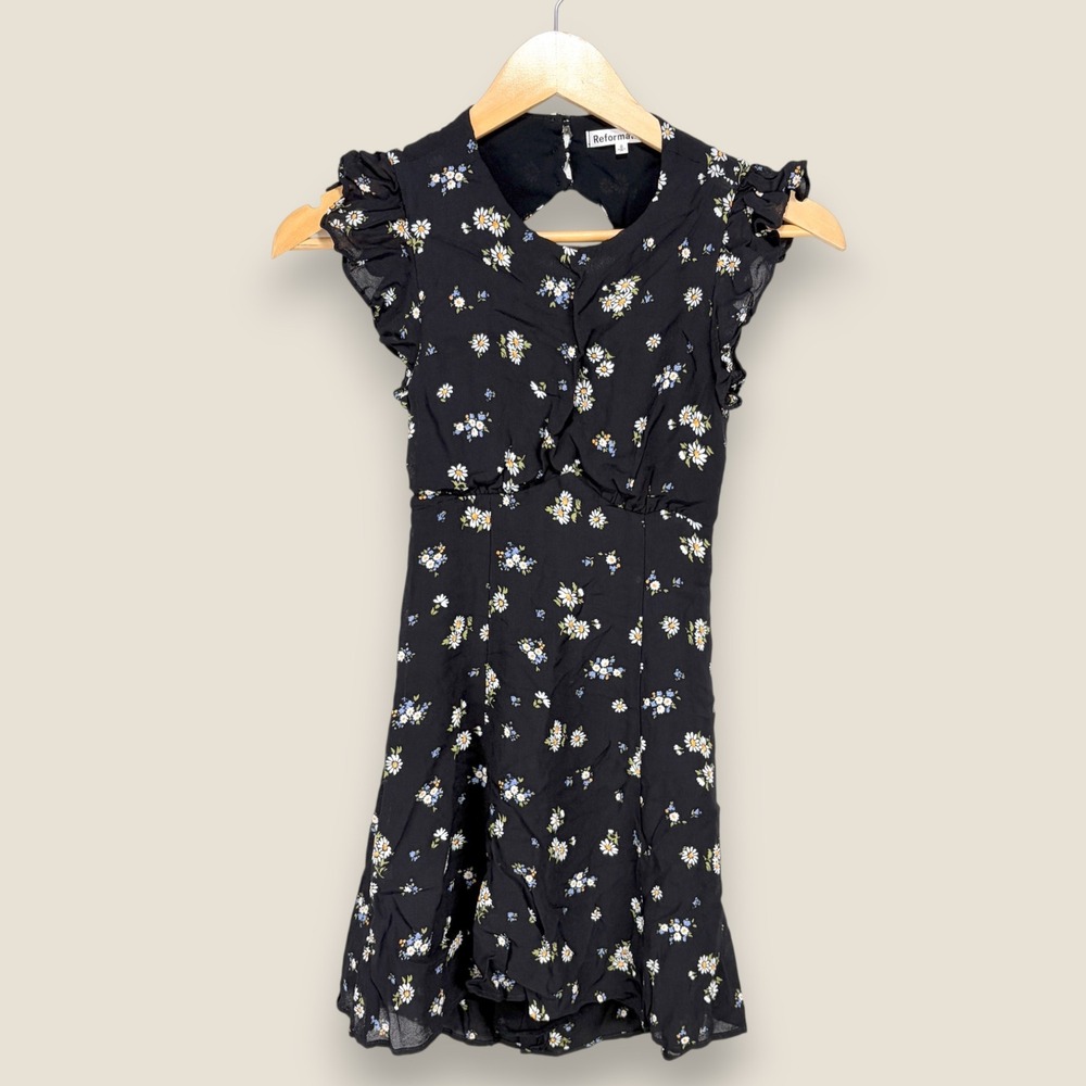 Reformation Idalia Floral Black Dress Women Size 0 Black Sheer Open Back